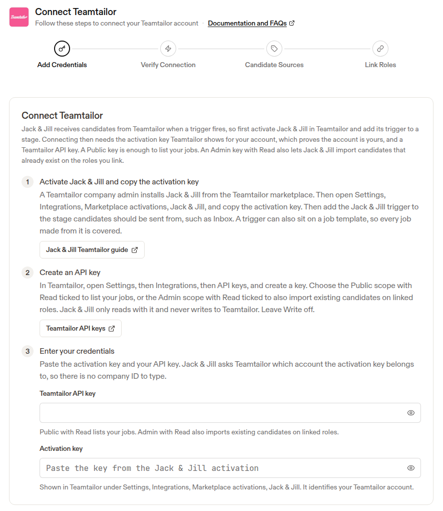 The Jack & Jill Teamtailor setup screen, with fields for the API key and the activation key