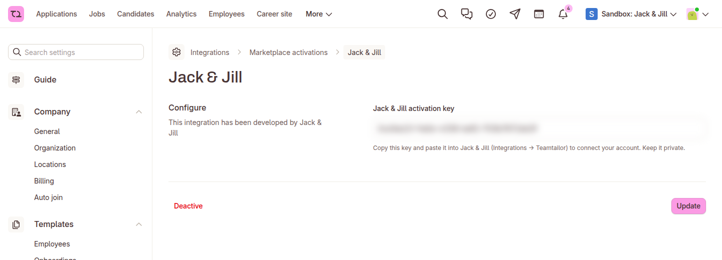 The Jack & Jill activation page in Teamtailor, showing the activation key field, with the key hidden