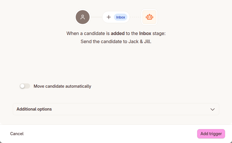 The Teamtailor trigger dialog: when a candidate is added to the Inbox stage, send the candidate to Jack & Jill