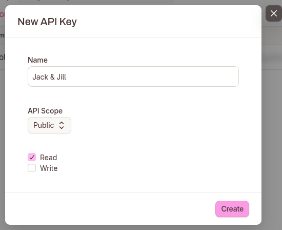 The New API Key dialog in Teamtailor with the Public scope and Read ticked