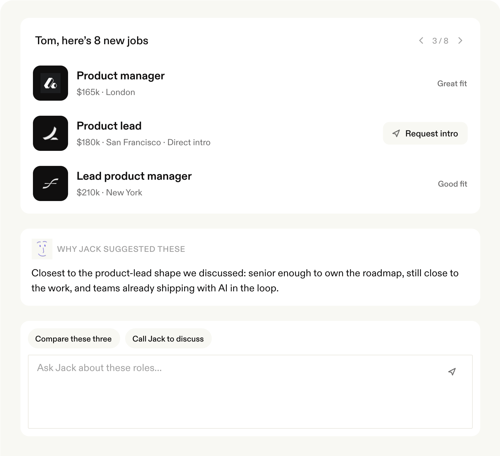 Jack & Jill's Jack agent showing a candidate eight new job matches with salaries, locations, fit labels and a Request intro button