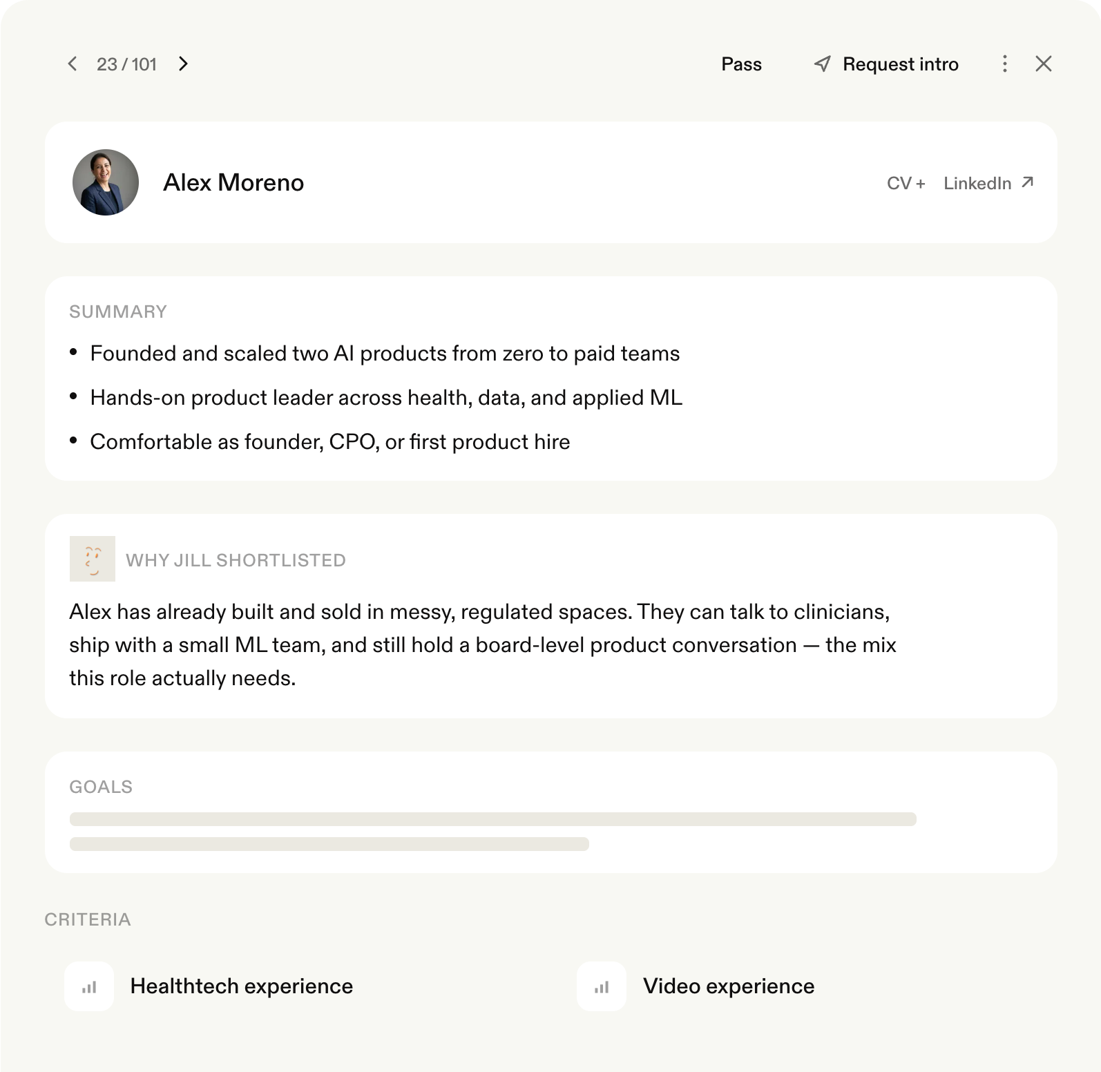 Jack & Jill's Jill agent showing a shortlisted candidate card with a summary, a Why Jill shortlisted explanation, goals, criteria, and Pass and Request intro buttons
